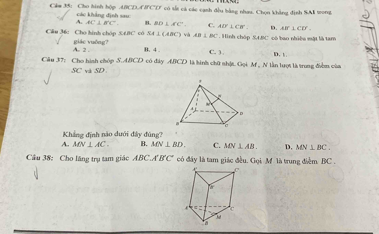 Cho hình hộp ABC^.D.A'B'C'D' có tắt cả các cạnh đều bằng nhau. Chọn khẳng định SAI trong
các khẳng định sau:
A. AC⊥ B'C'. B. BD⊥ A'C'. C. AD'⊥ CB'. D. AB'⊥ CD'.
Câu 36: Cho hình chóp SABC có SA⊥ (ABC) và AB⊥ BC. Hình chóp SABC có bao nhiêu mặt là tam
giác vuông?
A. 2 . B. 4 . C.3 . D. 1.
Câu 37: Cho hình chóp S.ABCD có đây ABCD là hình chữ nhật. Gọi M , N lần lượt là trung điểm của
SC và SD.
Khẳng định nào dưới đây đúng?
A. MN⊥ AC. B. MN⊥ BD. C. MN⊥ AB. D. MN⊥ BC.
Câu 38: Cho lăng trụ tam giác ABC.A'B'C' có đáy là tam giác đều. Gọi M là trung điểm BC .