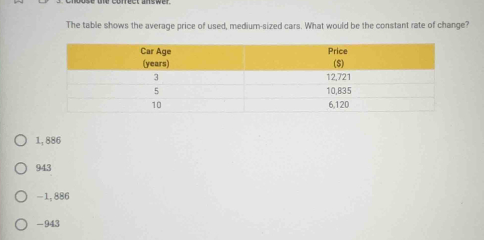 os e the cofrect answer.
The table shows the average price of used, medium-sized cars. What would be the constant rate of change?
1,886
943
-1, 886
-943