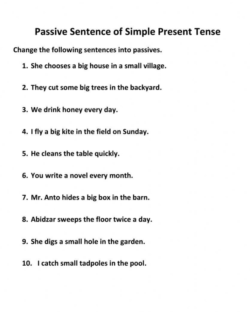 Passive Sentence of Simple Present Tense 
Change the following sentences into passives. 
1. She chooses a big house in a small village. 
2. They cut some big trees in the backyard. 
3. We drink honey every day. 
4. I fly a big kite in the field on Sunday. 
5. He cleans the table quickly. 
6. You write a novel every month. 
7. Mr. Anto hides a big box in the barn. 
8. Abidzar sweeps the floor twice a day. 
9. She digs a small hole in the garden. 
10. I catch small tadpoles in the pool.