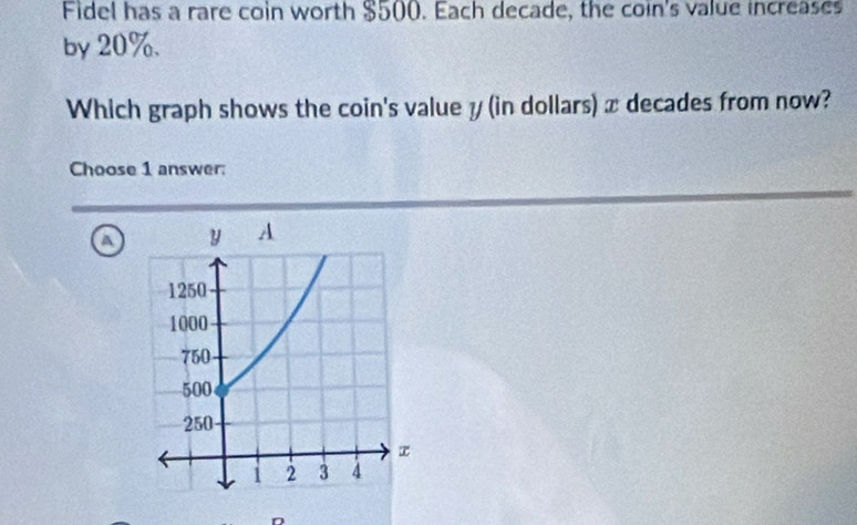 Fidel has a rare coin worth $500. Each decade, the coin's value increases
by 20%.
Which graph shows the coin's value y (in dollars) x decades from now?
Choose 1 answer:
a