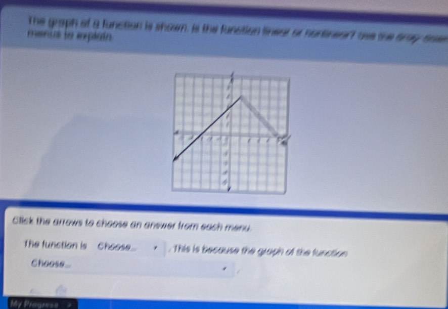 The graph of 9 function is showm, is the function linear or nurtneart bee the aray soe 
menus to explain 
Click the arrows to choose an answer from each menu. 
The function is Choose... . This is because the graph of the function 
Choos.... 
My Pragreen