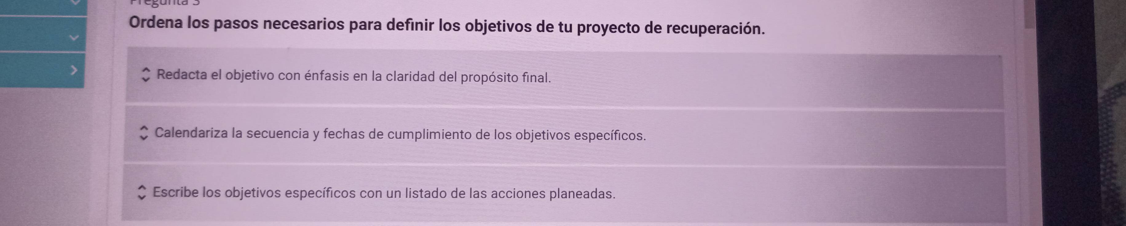 Ordena los pasos necesarios para definir los objetivos de tu proyecto de recuperación. 
Redacta el objetivo con énfasis en la claridad del propósito final. 
Calendariza la secuencia y fechas de cumplimiento de los objetivos específicos. 
Escribe los objetivos específicos con un listado de las acciones planeadas.