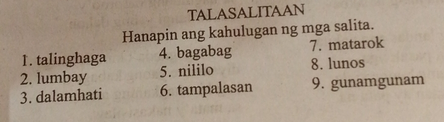 TALASALITAAN 
Hanapin ang kahulugan ng mga salita. 
1. talinghaga 4. bagabag 7. matarok 
2. lumbay 5. nililo 8. lunos 
3. dalamhati 6. tampalasan 9. gunamgunam