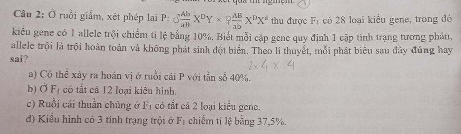 ngmệm 
Câu 2: Ở ruồi giấm, xét phép lai P: 3 Ab/aB X^DY* ? AB/ab X^DX^d thu được F_1 có 28 loại kiều gene, trong đó
kiểu gene có 1 allele trội chiếm tỉ lệ bằng 10%. Biết mỗi cặp gene quy định 1 cặp tính trạng tương phản,
allele trội là trội hoàn toàn và không phát sinh đột biến. Theo lí thuyết, mỗi phát biểu sau đây đúng hay
sai?
a) Có thể xảy ra hoán vị ở ruồi cái P với tần số 40%.
b) dot O F_1 có tất cả 12 loại kiều hình.
c) Ruồi cái thuần chủng ở F_1 có tất cả 2 loại kiểu gene.
d) Kiểu hình có 3 tính trạng trội ở F_1 chiếm tỉ lệ bằng 37, 5%.