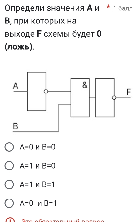 Определи значения А и ＊ 1 балл
В, πри ΚоΤорьιх на
выιходе F схемы будет 
(л0жь).
A=0nB=0
A=1nB=0
A=1nB=1
A=0 | B=1