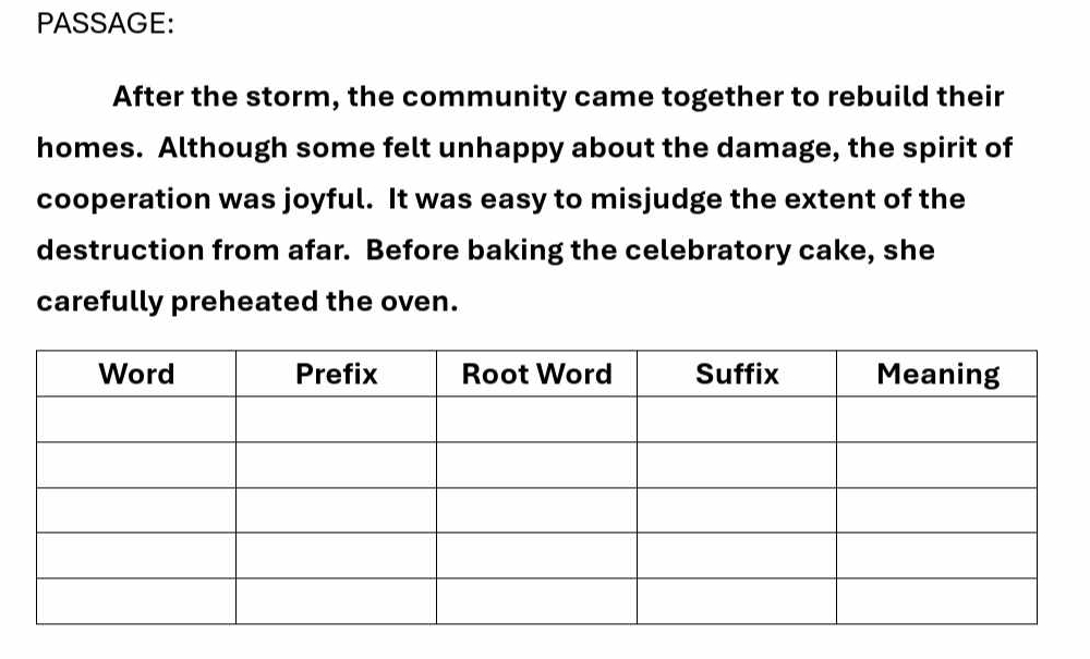 PASSAGE: 
After the storm, the community came together to rebuild their 
homes. Although some felt unhappy about the damage, the spirit of 
cooperation was joyful. It was easy to misjudge the extent of the 
destruction from afar. Before baking the celebratory cake, she 
carefully preheated the oven.