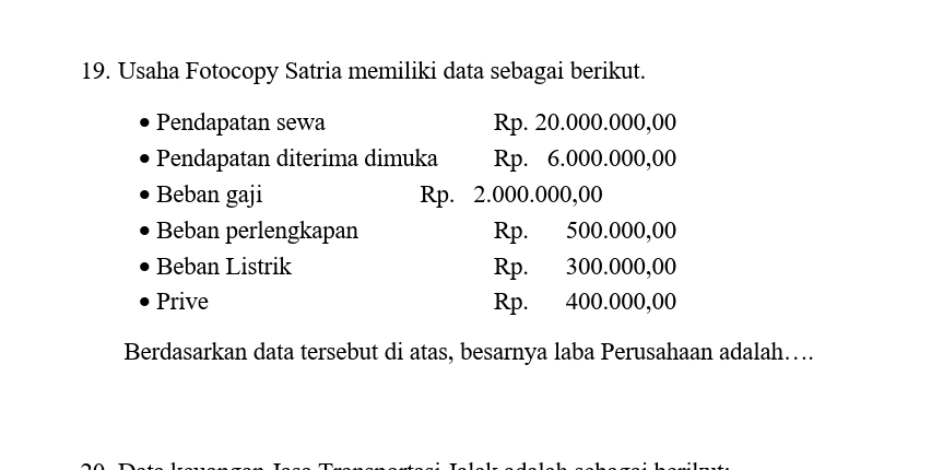 Usaha Fotocopy Satria memiliki data sebagai berikut. 
Pendapatan sewa Rp. 20.000.000,00
Pendapatan diterima dimuka Rp. 6.000.000,00
Beban gaji Rp. 2.000.000,00
Beban perlengkapan Rp. 500.000,00
Beban Listrik Rp. 300.000,00
Prive Rp. 400.000,00
Berdasarkan data tersebut di atas, besarnya laba Perusahaan adalah….