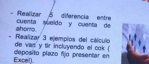 Realizar 5 diferencia entre 
cuenta sueldo y cuenta de 
ahorro. 
. Realizar 3 ejemplos del cálculo 
de van y tir incluyendo el cok ( 
deposito plazo fijo presentar en 
Excel).