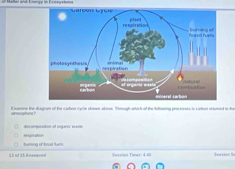 of Matter and Energy in Ecosystems
Examine the diagram of the carbon cycle shown above. Through which of the following processes is carbon returned to the
atmosphere?
decomposition of organic waste
respiration
burning of fossil fuets
13 of 15 Answered Session Timer: 4:40 Session S