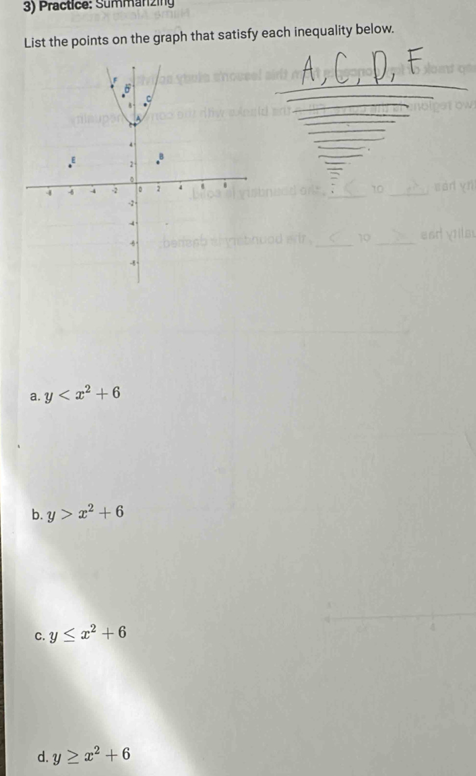 Practice: Summanzing
List the points on the graph that satisfy each inequality below.
a. y
b. y>x^2+6
C. y≤ x^2+6
d. y≥ x^2+6