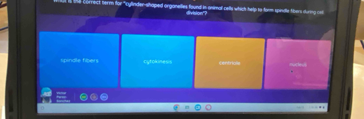 lut is the correct term for "cylinder-shaped organelles found in animal cells which help to form spindle fibers during cell
division"?
spindle fibers cytokinesis centriole nucleus
Victor
Perez