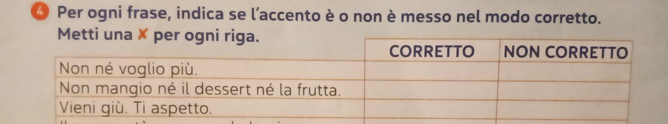 ④ Per ogni frase, indica se l’accento è o non è messo nel modo corretto.