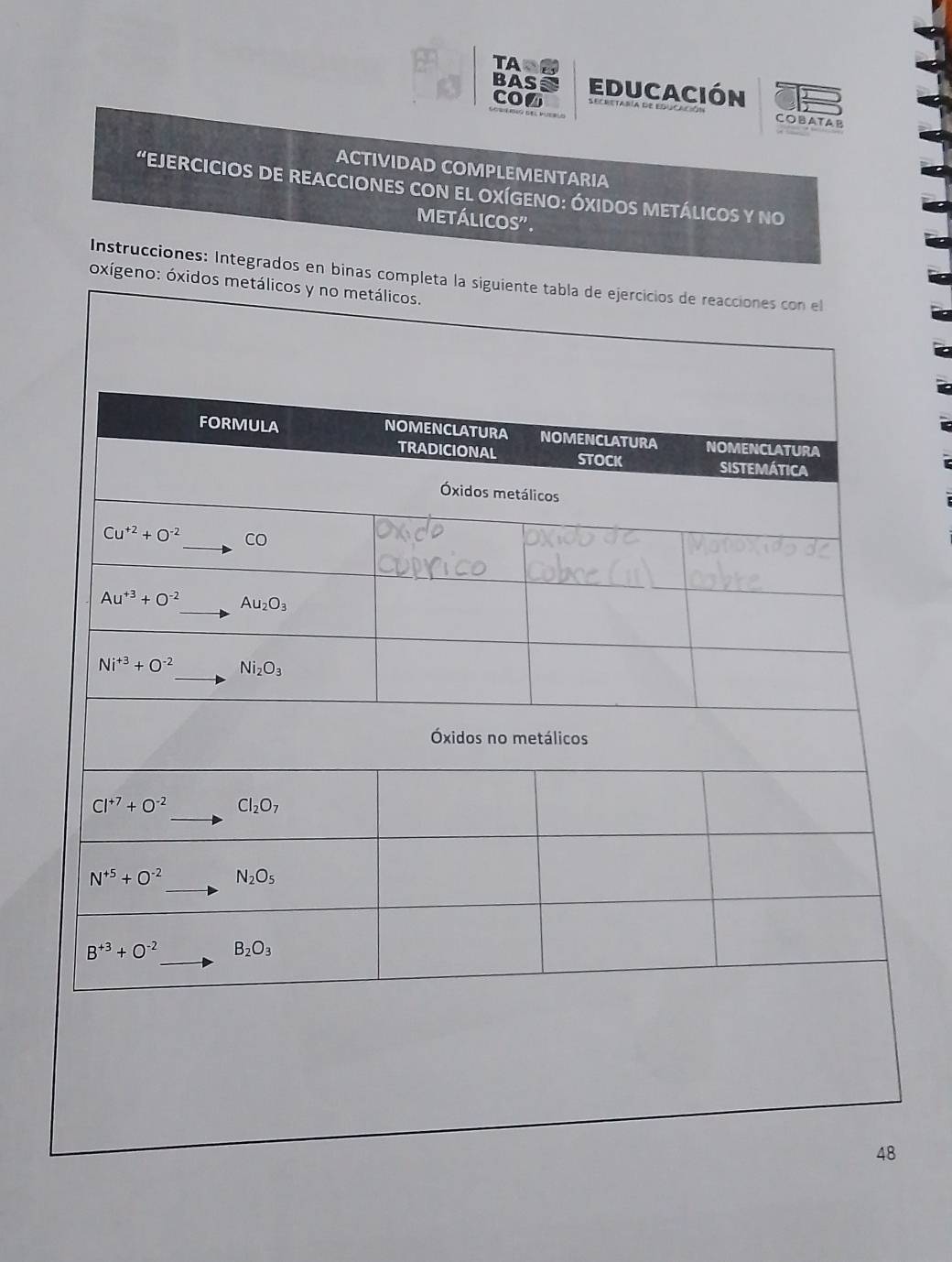 TA∩②
BASS educación
COBATAB
ACTIVIDAD COMPLEMENTARIA
"EJERCICIOS DE REACCIONES CON EL OXÍGENO: ÓXIDOS METÁLICOS Y No
metálicos".
Instrucciones: Integrados en binas comp
oxígeno: óx