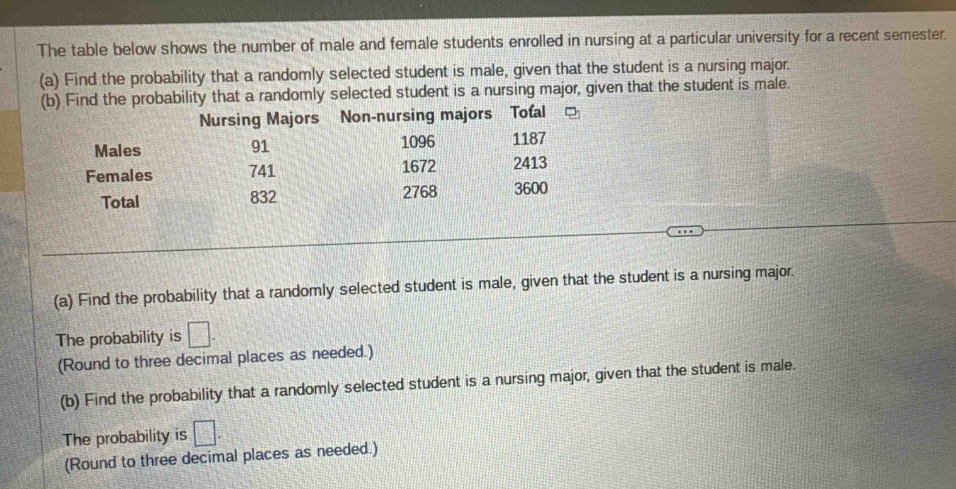 The table below shows the number of male and female students enrolled in nursing at a particular university for a recent semester. 
(a) Find the probability that a randomly selected student is male, given that the student is a nursing major. 
(b) Find the probability that a randomly selected student is a nursing major, given that the student is male. 
Nursing Majors Non-nursing majors Tofal 
Males 1096 1187
91
Females 741 1672 2413
Total 832 2768 3600
(a) Find the probability that a randomly selected student is male, given that the student is a nursing major. 
The probability is □. 
(Round to three decimal places as needed.) 
(b) Find the probability that a randomly selected student is a nursing major, given that the student is male. 
The probability is □. 
(Round to three decimal places as needed.)