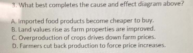 What best completes the cause and effect diagram above?
A. Imported food products become cheaper to buy.
B. Land values rise as farm properties are improved.
C. Overproduction of crops drives down farm prices.
D. Farmers cut back production to force price increases.