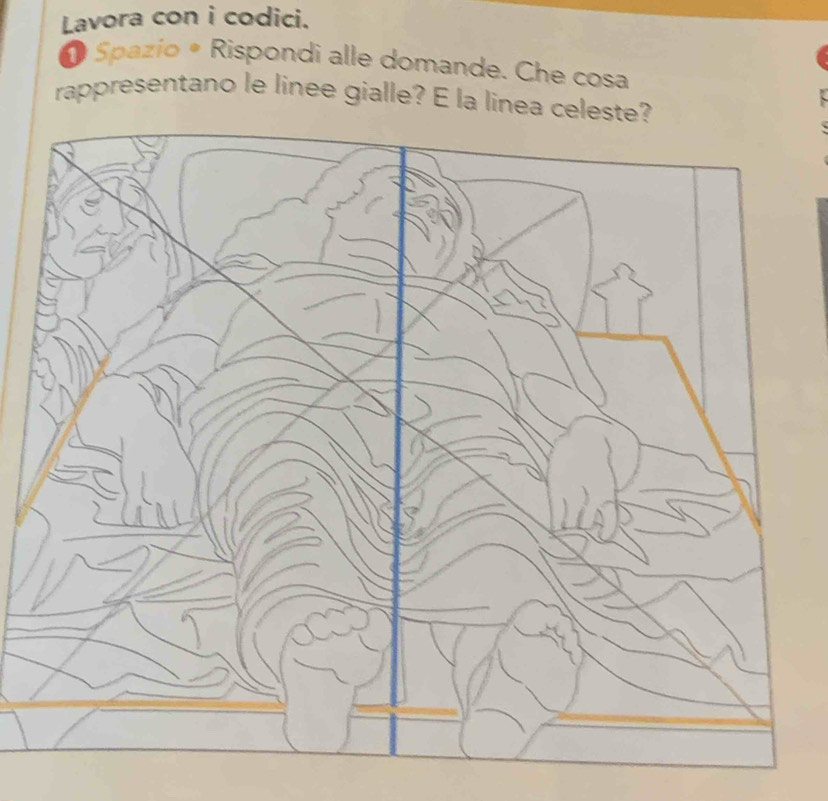 Lavora con i codici. 
O Spazío • Rispondi alle domande. Che cosa 
rappresentano le linee gialle? E la linea celeste?