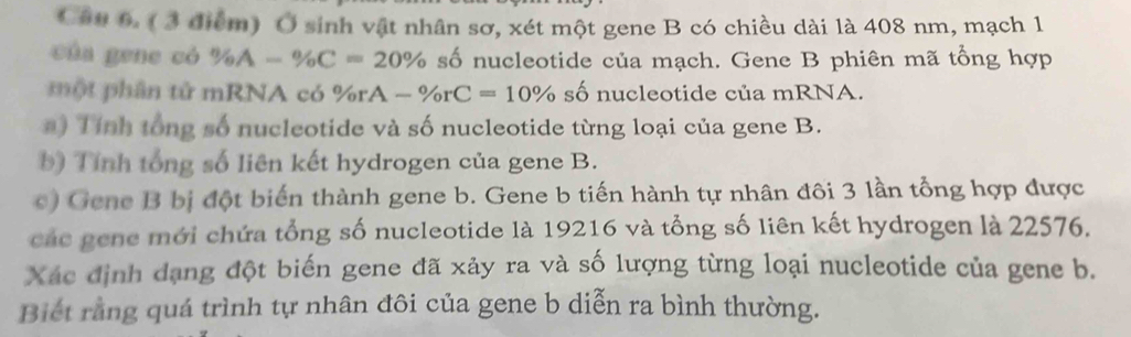 Câu 6, ( 3 điểm) Ở sinh vật nhân sơ, xét một gene B có chiều dài là 408 nm, mạch 1 
của gene có % A-% C=20% số nucleotide của mạch. Gene B phiên mã tổng hợp 
m ộ t phân tử mRNA có % rA-% rC=10% số nucleotide của mRNA. 
a ) Tính tổng số nucleotide và số nucleotide từng loại của gene B. 
b) Tính tổng số liên kết hydrogen của gene B. 
e) Gene B bị đột biến thành gene b. Gene b tiến hành tự nhân đôi 3 lần tổng hợp được 
các gene mới chứa tổng số nucleotide là 19216 và tổng số liên kết hydrogen là 22576. 
Xác định dạng đột biến gene đã xảy ra và số lượng từng loại nucleotide của gene b. 
Biết rằng quá trình tự nhân đôi của gene b diễn ra bình thường.