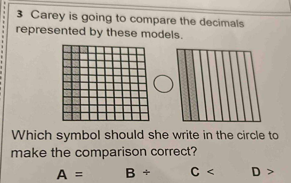 Carey is going to compare the decimals
represented by these models.
Which symbol should she write in the circle to
make the comparison correct?
A=
B/
C
D>