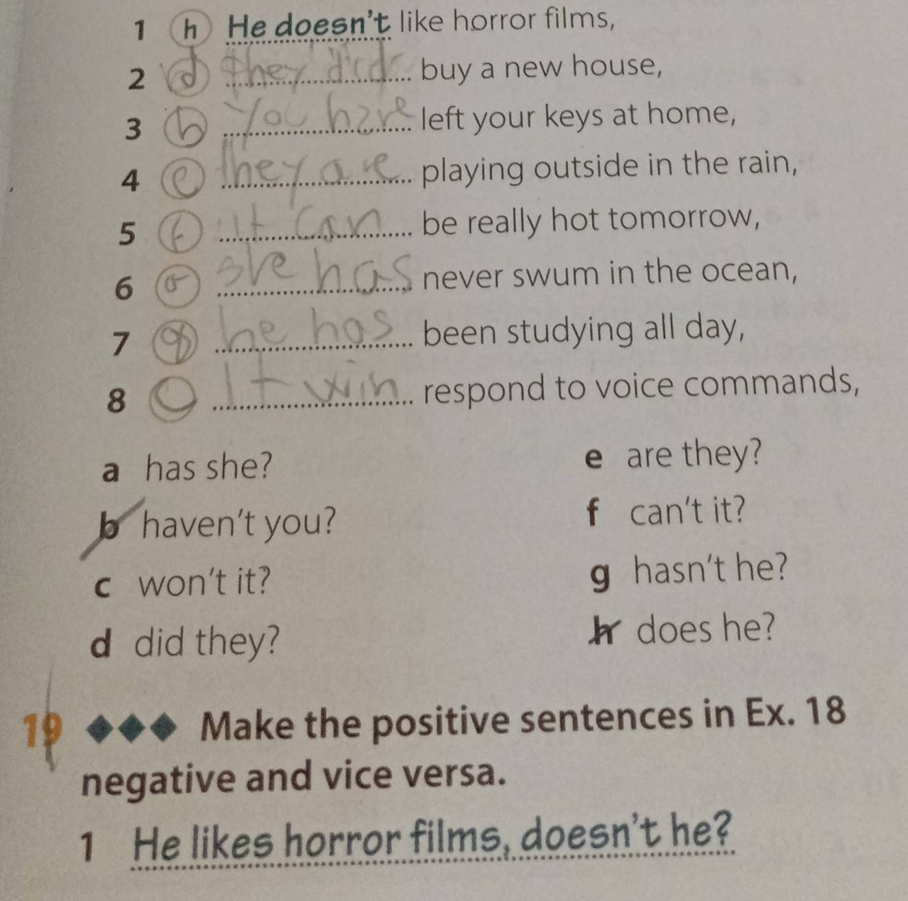 1h He doesn't like horror films,
2
_buy a new house,
3 _left your keys at home,
4 _playing outside in the rain,
5
_be really hot tomorrow,
6 a _never swum in the ocean,
7
_been studying all day,
8
_respond to voice commands,
a has she? e are they?
b haven't you? f can't it?
c won't it? g hasn't he?
d did they? I does he?
19
Make the positive sentences in Ex. 18
negative and vice versa.
1 He likes horror films, doesn't he?