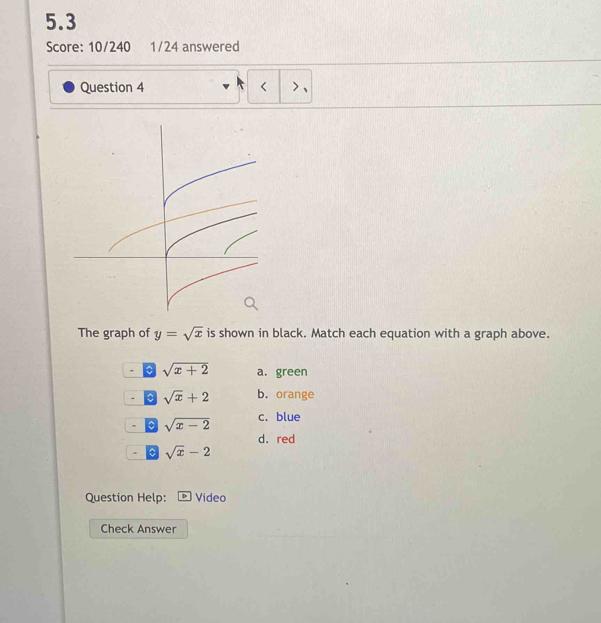 5.3
Score: 10/240 1/24 answered
Question 4
The graph of y=sqrt(x) is shown in black. Match each equation with a graph above.
sqrt(x+2) a. green
。 sqrt(x)+2 b. orange
。 sqrt(x-2) c. blue
d. red
。 sqrt(x)-2
Question Help: 、 Video
Check Answer