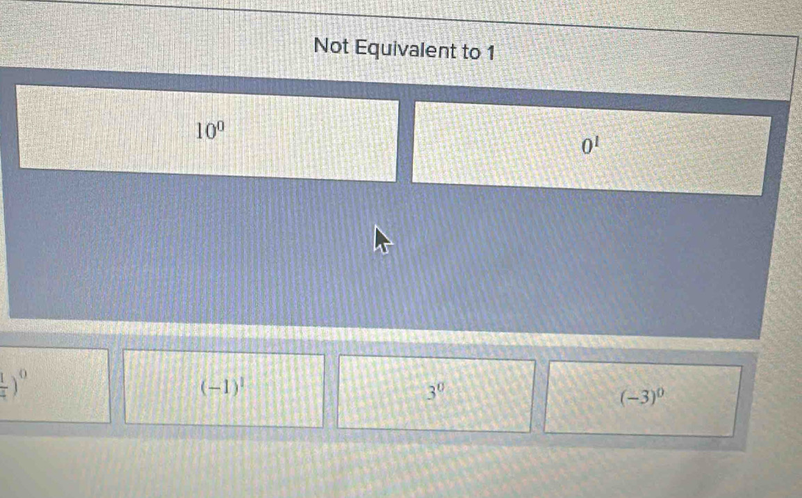 Not Equivalent to 1
10^0
0^1
 1/4 )^0
(-1)^1
3^0
(-3)^0