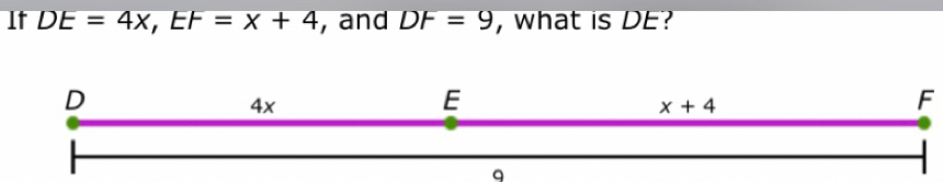 It DE=4x, EF=x+4 , and DF=9 , what is DE?
D
4x
E
x+4
F
q