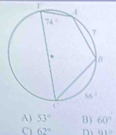 A) B) 60°
C) 62° D 01°