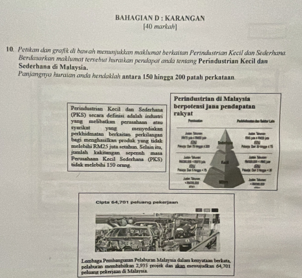 BAHAGIAN D : KARANGAN 
[40 markah] 
10. Petikan dan grafik di bawah menunjukkan maklumat berkaitan Perindustrian Kecil dan Sederhana. 
Berdasarkan maklumat tersebut huraikan pendapat anda tentang Perindustrian Kecil dan 
Sederhana di Malaysia. 
Panjangnya huraian anda hendaklah antara 150 hingga 200 patah perkataan. 
Perindustrian Kecil dan Sederhana 
(PKS) secara definisi adalah industri 
yang melibatkan perusahaan atau 
syarikat yang menyediakan 
perkhidmatan berkaitan perkilangan 
bagi menghasilkan produk yang tidak 
melebihi RM25 juta setahun. Selain itu, 
jumlah kakitangan sepenuh masa 
Perusahaan Kecil Sederhana (PKS) 
tidak melebihi 150 orang. 
Cipta 64,701 peluang pekerjaan 
Lembaga Pembangunan Pelaburan Malaysia dalam kenyataan berkata, 
pelaburan membabitkan 2,935 projek dan akan mewujudkan 64,701
peluang pekerjaan di Malaysia