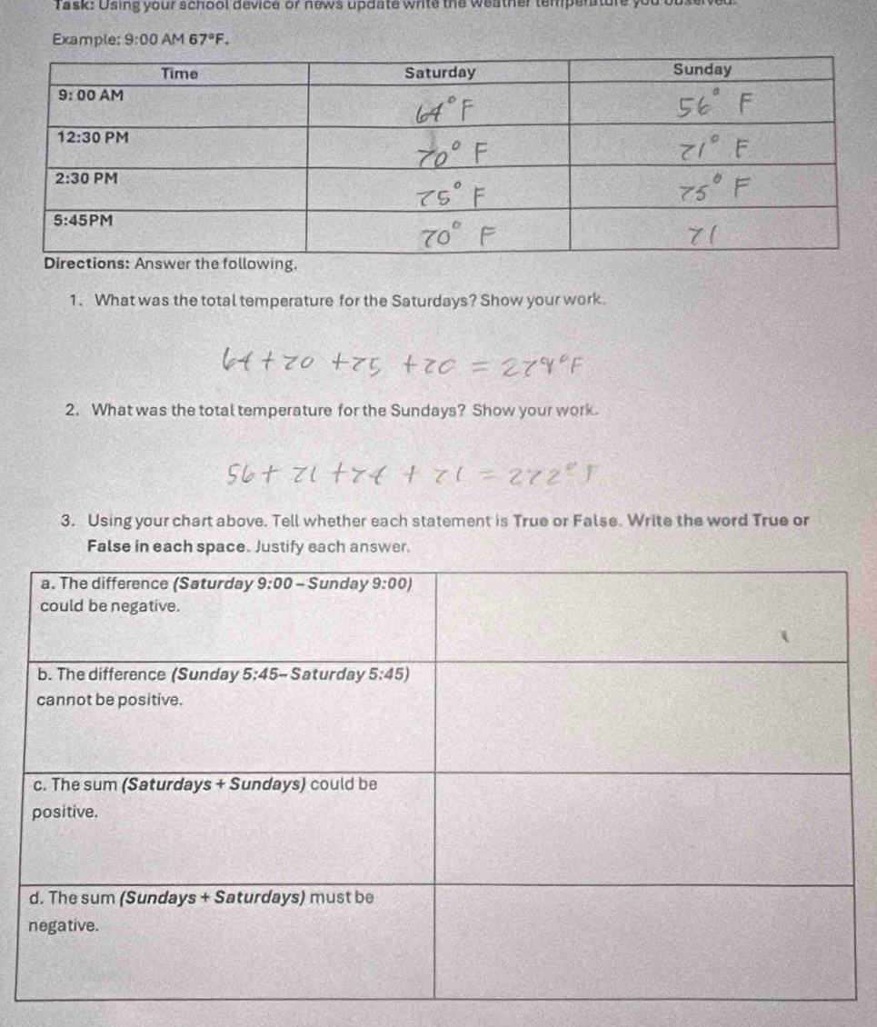 Task: Using your school device or news update write the weather temperatun
Example: 9:00 M67°F.
1. What was the total temperature for the Saturdays? Show your work.
2. What was the total temperature for the Sundays? Show your work.
3. Using your chart above. Tell whether each statement is True or False. Write the word True or
False in each space. Justify each answer.