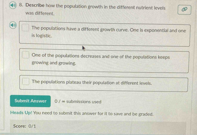 Describe how the population growth in the different nutrient levels
was different.
The populations have a different growth curve. One is exponential and one
is logistic.
One of the populations decreases and one of the populations keeps
growing and growing.
The populations plateau their population at different levels.
Submit Answer 0 / ∞ submissions used
Heads Up! You need to submit this answer for it to save and be graded.
Score: 0/1