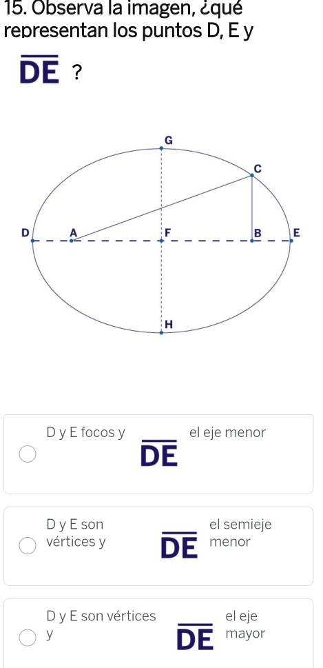 Observa la imagen, ¿qué
representan los puntos D, E y
overline DE ?
D y E focos y el eje menor
overline DE
D y E son el semieje
vértices y overline DE menor
D y E son vértices el eje
overline DE
y mayor