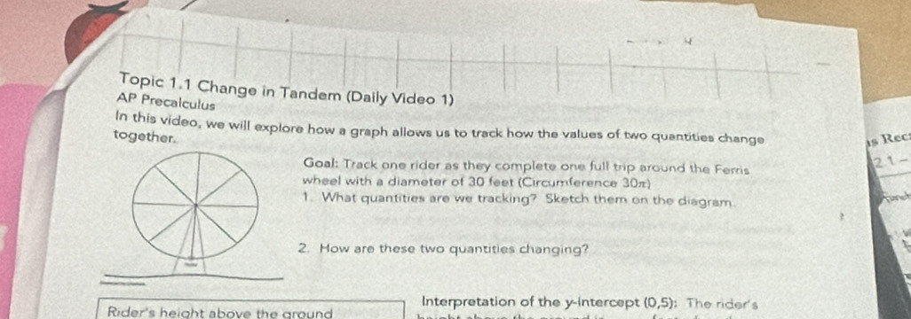 Topic 1.1 Change in Tandem (Daily Video 1) 
AP Precalculus 
In this video, we will explore how a graph allows us to track how the values of two quantities change 
together. is Rec 
Goal: Track one rider as they complete one full trip around the Ferris
21 - 
wheel with a diameter of 30 feet (Circumference 30π) 
1. What quantities are we tracking? Sketch them on the diagram. 
2. How are these two quantities changing? 
Rider's height above the ground Interpretation of the y-intercept (0,5) : The rider's