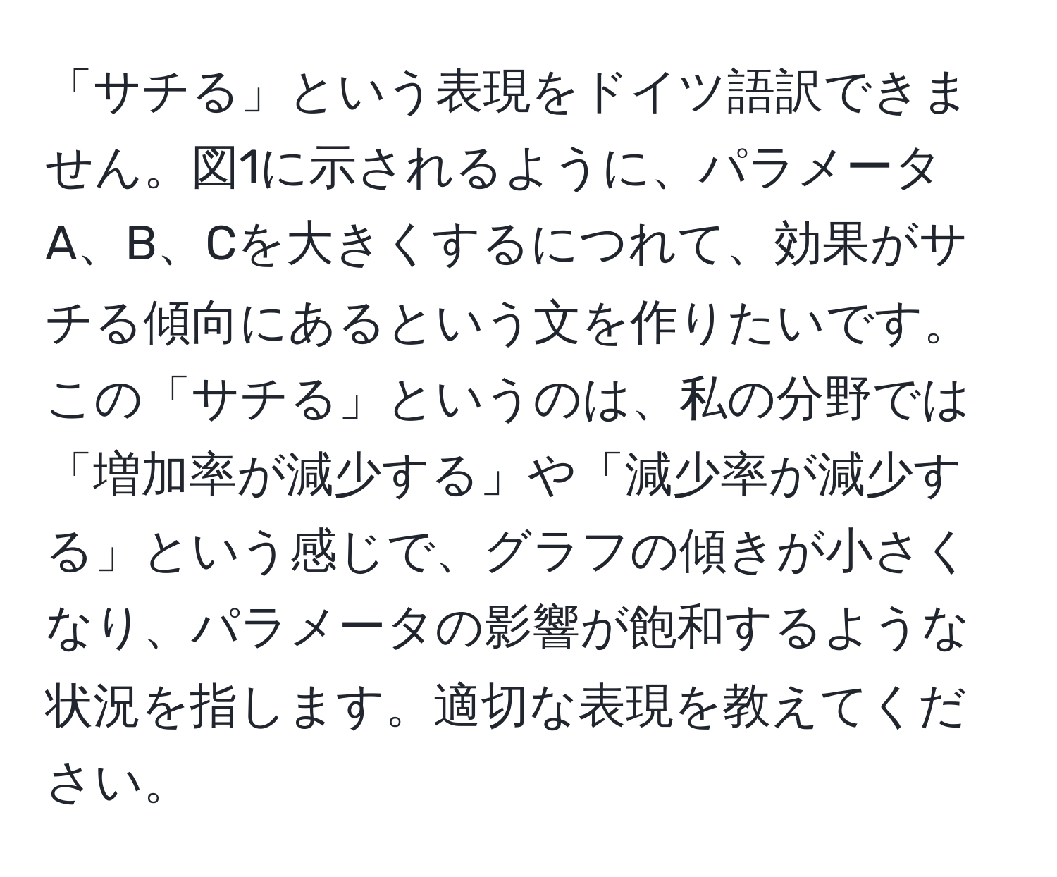 「サチる」という表現をドイツ語訳できません。図1に示されるように、パラメータA、B、Cを大きくするにつれて、効果がサチる傾向にあるという文を作りたいです。この「サチる」というのは、私の分野では「増加率が減少する」や「減少率が減少する」という感じで、グラフの傾きが小さくなり、パラメータの影響が飽和するような状況を指します。適切な表現を教えてください。