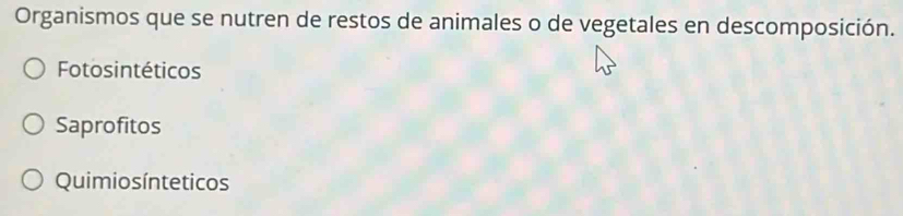 Organismos que se nutren de restos de animales o de vegetales en descomposición.
Fotosintéticos
Saprofitos
Quimiosínteticos