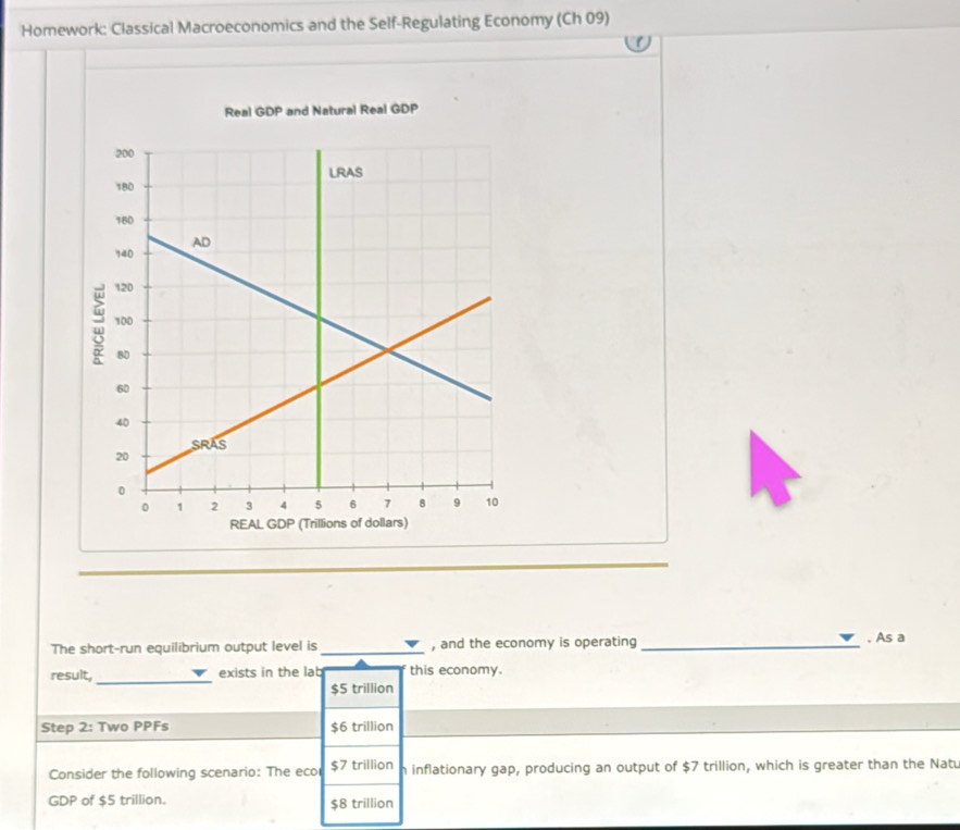 Homework: Classical Macroeconomics and the Self-Regulating Economy (Ch 09)
Real GDP and Natural Real GDP
_
The short-run equilibrium output level is_ , and the economy is operating _. As a
result,_ exists in the lab this economy.
$5 trillion
Step 2: Two PPFs $6 trillion
Consider the following scenario: The eco $7 trillion h inflationary gap, producing an output of $7 trillion, which is greater than the Natu
GDP of $5 trillion. $8 trillion