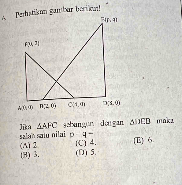 Jika △ AFC sebangun dengan △ DEB maka
salah satu nilai p-q=
(A) 2. (C) 4. (E) 6.
(B) 3. (D) 5.