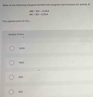 Solved: Refer to the following marginal benefit and marginal cost ...