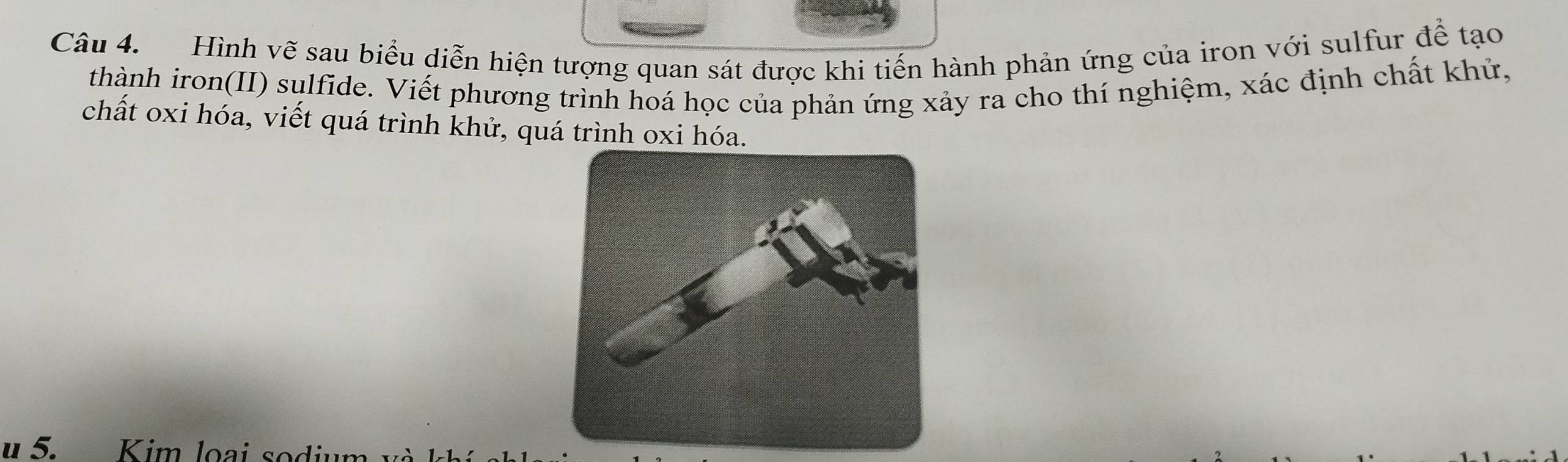 Hình vẽ sau biểu diễn hiện tượng quan sát được khi tiến hành phản ứng của iron với sulfur để tạo 
thành iron(II) sulfide. Viết phương trình hoá học của phản ứng xảy ra cho thí nghiệm, xác định chất khử, 
chất oxi hóa, viết quá trình khử, quá trình oxi hóa. 
u 5. Kim loai sodi