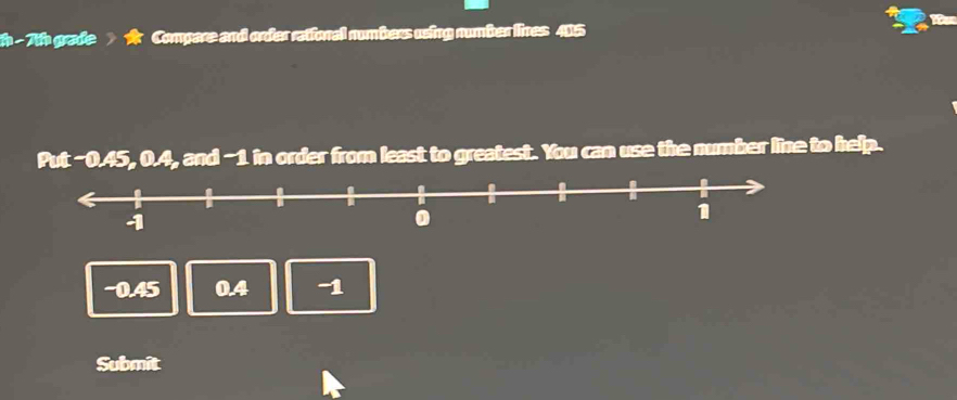 7th grade ★ Compare and order rational numbers using number lines 405
Put -0.45, 0.4, and -1 in order from least to greatest. You can use the number line to help.
-0.45 0.4 -1
Submit