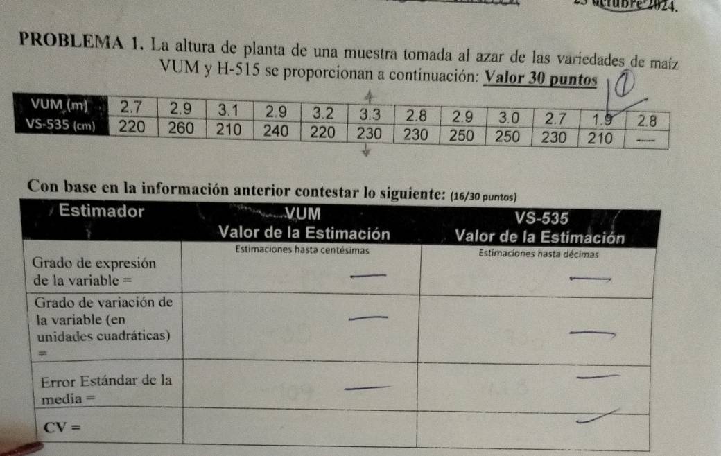 PROBLEMA 1. La altura de planta de una muestra tomada al azar de las variedades de maíz
VUM y H-515 se proporcionan a continuación: Valor 30 puntos
Con base en la informaci