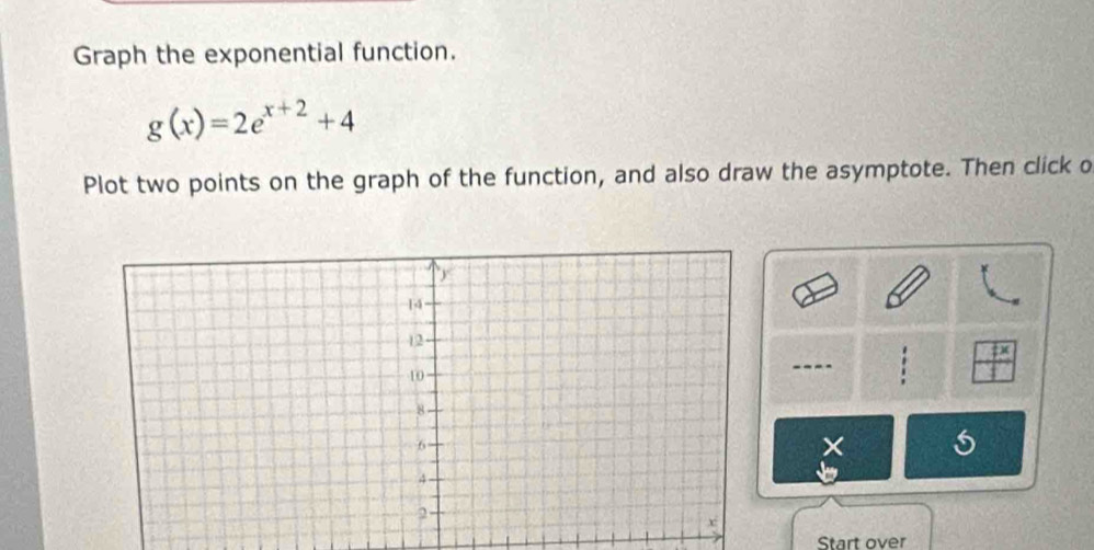 Graph the exponential function.
g(x)=2e^(x+2)+4
Plot two points on the graph of the function, and also draw the asymptote. Then click o 
---- : 
× 
Start over