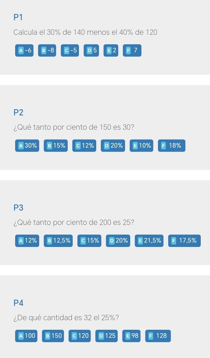 P1
Calcula el 30% de 140 menos el 40% de 120
A -6 B -8 c-5 D5 E2 F 7
P2
¿Qué tanto por ciento de 150 es 30?
A 30% в 15% c 12% D 20% E 10% F 18%
P3
¿Qué tanto por ciento de 200 es 25?
A 12% в 12,5% c 15% D20% ∈21,5% F 17,5%
P4
¿De qué cantidad es 32 el 25%?
A 100 в 150 c 120 D 125 E 98 F 128