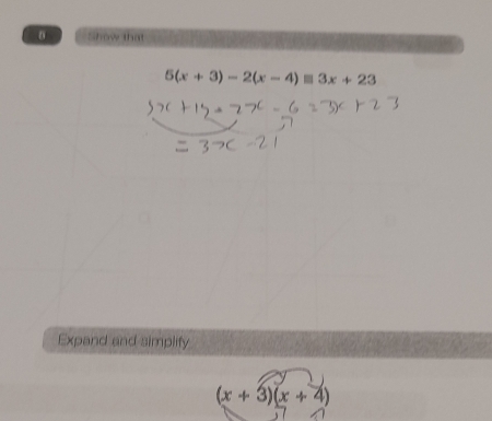 α Show that
5(x+3)-2(x-4)equiv 3x+23
Expand and simplify
(x+3)(x+4)