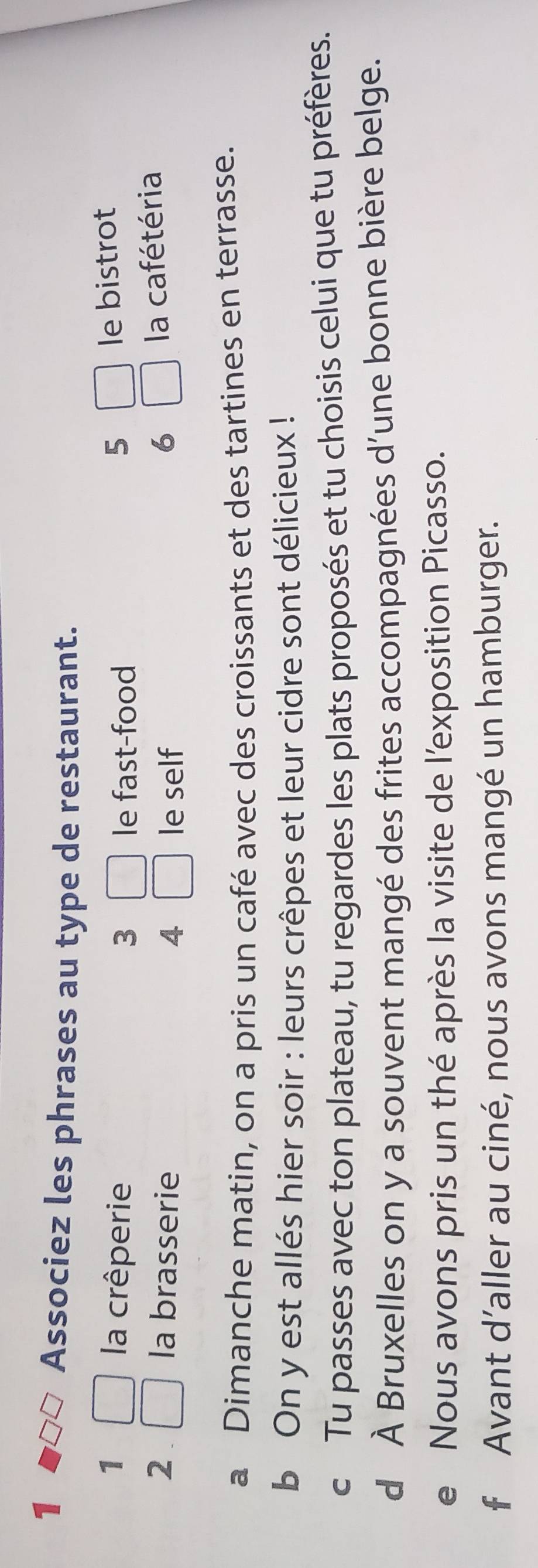 Associez les phrases au type de restaurant. 
1 la crêperie le fast-food 5 □ le bistrot 
3 □ 
2. la brasserie 4 □ le self 6 □ la cafétéria 
a Dimanche matin, on a pris un café avec des croissants et des tartines en terrasse. 
b On y est allés hier soir : leurs crêpes et leur cidre sont délicieux ! 
c Tu passes avec ton plateau, tu regardes les plats proposés et tu choisis celui que tu préfères. 
d À Bruxelles on y a souvent mangé des frites accompagnées d’une bonne bière belge. 
e Nous avons pris un thé après la visite de l'exposition Picasso. 
f Avant d’aller au ciné, nous avons mangé un hamburger.