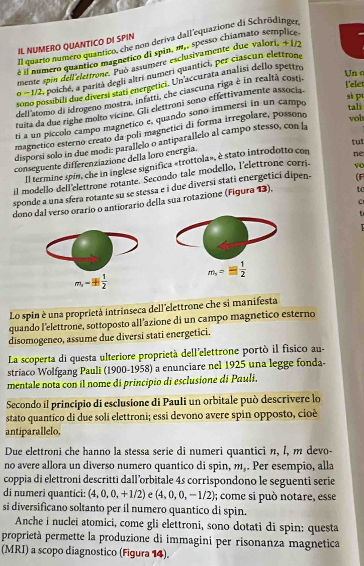 Il quarto numero quantico, che non deriva dall'equazione di Schrödinger
IL NUMERO QUANTICO DI SPIN
é il numero quantico magnetico di spin, m,, spesso chiamato semplice
mente spin dell'elettrone. Può assumere esclusivamente due valori, +1/2
Un o
o − 1/2, poiché, a parità degli altri numeri quantici, per ciascun elettrone
sono possibili due diversi stati energetici. Un’accurata analisi dello spettro
dell'atomo di idrogeno mostra, infatti, che ciascuna riga è in realtà costi.
Pelet
tali
tuita da due righe molto vicine. Gli elettroni sono effettivamente associa
si pu
voh
ti a un piccolo campo magnetico e, quando sono immersi in un campo
magnetico esterno creato da poli magnetici di forma irregolare, possono
tut
disporsi solo in due modi: parallelo o antiparallelo al campo stesso, con la
conseguente differenziazione della loro energia.
Il termine spin, che in inglese significa «trottola», è stato introdotto con
vo
il modello dell'elettrone rotante. Secondo tale modello, l'elettrone corri- ne
to
sponde a una sfera rotante su se stessa e i due diversi stati energetici dipen- (F
dono dal verso orario o antiorario della sua rotazione (Figura 13).
C
Lo spin è una proprietà intrinseca dell’elettrone che si manifesta
quando l’elettrone, sottoposto all’azione di un campo magnetico esterno
disomogeneo, assume due diversi stati energetici.
La scoperta di questa ulteriore proprietà dell'elettrone portò il fisico au-
striaco Wolfgang Pauli (1900-1958) a enunciare nel 1925 una legge fonda-
mentale nota con il nome di principio di esclusione di Pauli.
Secondo il principio di esclusione di Pauli un orbitale può descrivere lo
stato quantico di due soli elettroni; essi devono avere spin opposto, cioè
antiparallelo.
Due elettroni che hanno la stessa serie di numeri quantici n, l, m devo-
no avere allora un diverso numero quantico di spin, m_5. Per esempio, alla
coppia di elettroni descritti dall’orbitale 4s corrispondono le seguenti serie
di numeri quantici: (4,0,0,+1/2) e (4,0,0,-1/2); come si può notare, esse
si diversificano soltanto per il numero quantico di spin.
Anche i nuclei atomici, come gli elettroni, sono dotati di spin: questa
proprietà permette la produzione di immagini per risonanza magnetica
(MRI) a scopo diagnostico (Figura 14).