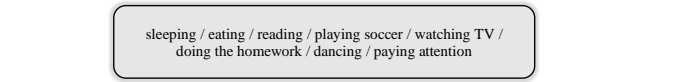 sleeping / eating / reading / playing soccer / watching TV / 
doing the homework / dancing / paying attention