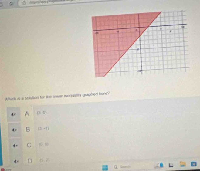 homged ( 1 a06 
Which is a solution for the linear inequality graphed here?
A (3,0)
B (3-1)
C (0,0)
(5,2)
QSrarch