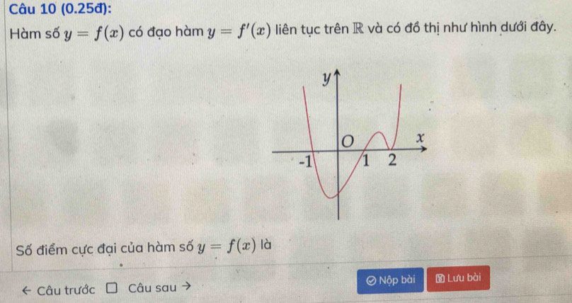 (0.25đ):
Hàm số y=f(x) có đạo hàm y=f'(x) liên tục trên R và có đồ thị như hình dưới đây.
Số điểm cực đại của hàm số y=f(x) là
Câu trước Câu sau Ø Nộp bài Lưu bài