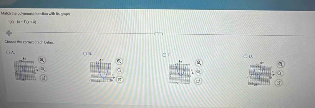 Match the polynomial function with its graph
f(x)=(x-1)(x+4)
Choose the correct graph below. 
A. 
B. 
C. 
Ay 
D.
Ay
20
+
-10 10
- 1 4
25