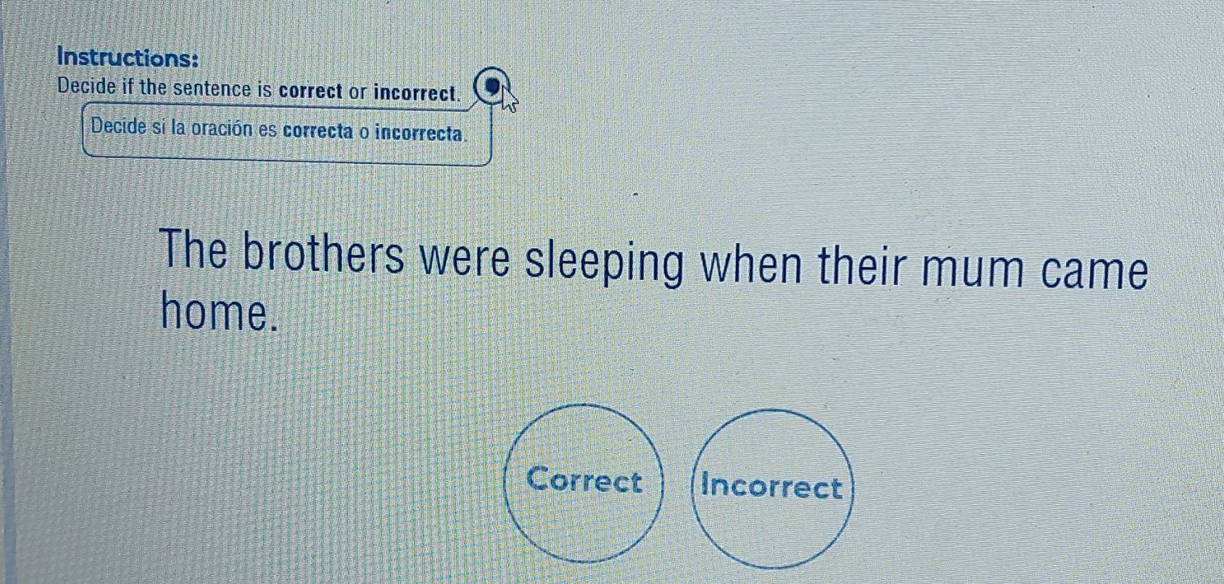 Instructions:
Decide if the sentence is correct or incorrect.
Decide si la oración es correcta o incorrecta.
The brothers were sleeping when their mum came
home.
Correct Incorrect